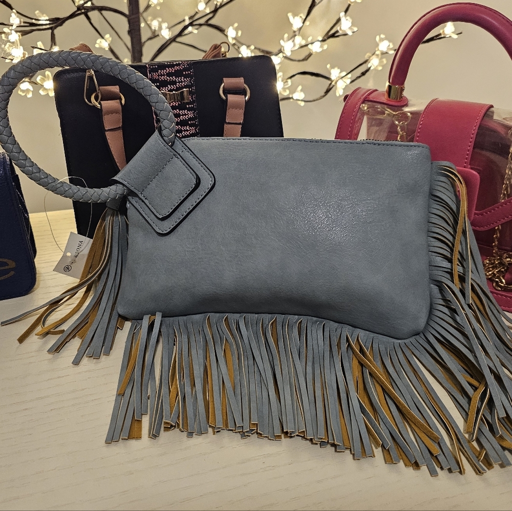 Versona Southwest Blue fringe ring handle Wristlet